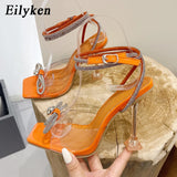 Rhinestone Butterfly-knot Transparent Square Toe Women Sandals Summer Fashion Cross-tied  High Heels Shoes