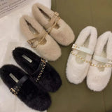 Designer Spring Autumn Women Warm Fur Shoes Fashion Shallow Slip On Ladies Flats Shoes Round Toe Women's Mary Jane Shoes