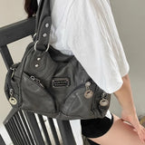 Xiuya Y2k Vintage Shoulder Bag for Women Large Capacity Gothic Soft Pu Leather Motorcycle Handbag Casual Gray Mens Armpit Bag