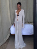  Women's Sexy Deep V Neck Crochet Dress Y2k See Through Knit Long Dress Beach Cut Out Long Sleeve Long Dress White