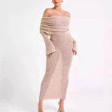 Elegant Knit Maxi Dress Long Flare Sleeve White Ladies Guest Luxury Off Shoulder Beach Event Party Evening Dress Summer