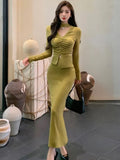 Sexy Bodycon Knitted Skirt Suits for Women Elegant V-Neck Long Sleeve Pleated Top Solid Skirt 2 Pieces Set Korean New Vestidos