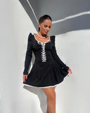 Autumn Vintage Long Sleeve Dress Elegant Black Front Puff Sleeve Lace Up Dress Party A Line Mini Women Clothing