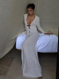 Women's Sexy Deep V Neck Crochet Dress Y2k See Through Knit Long Dress Beach Cut Out Long Sleeve Long Dress White