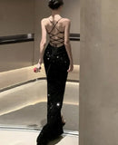 Party Dresses Women Criss Cross Sequins Backless Bandage Sleeveless Slim Vintage Sexy Party Dress Temperament Chic