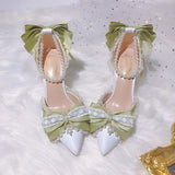 Lolita High Heels for Women Pearl Lace Green Designer Shoes High End Knot Bridal Shoes  Fashion Women Trending