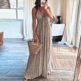 Casual Summer Cold Shoulder Halter Vocation Dress Female Chic V-neck Tie-up Ruffle Maxi Dress Elegant Women Pleated A-line Dress