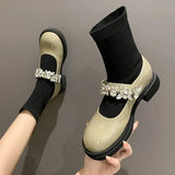 Booties Elegant with Medium Heels Ankle Mary Janes Boots for Women Round Toe Rhinestone Woman Short Lolita Shoes Autumn Hot Sale