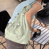 Korean Simple Y2k Chain Shoulder Bags Casual Beading All Match Crossbody Bag Preppy Drawstring Schoolbag Women Backpacks