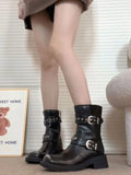 Ladies Mid Calf Shoes Studded Round Toe Platform Brown Women's Half High Boots Sale Winter Novelty Designer Luxury Cosplay