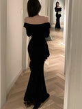 Elegant Black Maxi Dress Women Off Shoulder Long Sleeve High Split Waist Slimming Autumn Evening Party Sexy Vestidos Robe Mujer