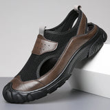 Men Mesh Sandals Summer New Fashion Slide Slippers Outdoor Genuine Leather Non-slip Shoes Beach Slip-On Sandals Travel Slippers