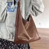 Vintage Brown Shoulder Bag for Women Elegant Pu Leather Casual Large Capacity Tote Bag Aesthetic Commuter Female Handbag