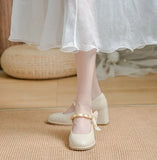 High Heels Shoes for Woman Pumps Square Toe Gothic Women's Summer Footwear Mary Jane Japanese Style Lolita with Bow White A