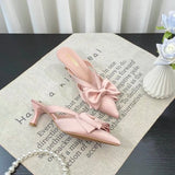 Fairy Style Pink Cool Slippers for Women's Summer French Pointed Bow Hollow High Heels, Half Wrapped Women's Slippers