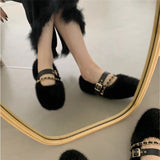 Designer Spring Autumn Women Warm Fur Shoes Fashion Shallow Slip On Ladies Flats Shoes Round Toe Women's Mary Jane Shoes