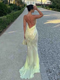 Sexy Sequin Halter Backless Shiny Long Dress Women's Sleeveless V Neck Chic Glitter Dresses  Party Evening Vacation Holiday
