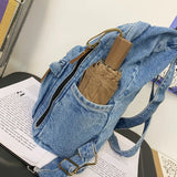 Washed Denim Fashion Backpacks For Women Latest Trend Student School Bag Multi Pockets Large Capacity Blue Rucksack Mochila