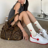Y2k Vintage Womens Shoulder Bag Large Capacity Casual Pu Leather Tote Bag American Retro Luxury Designer Ladies Armpit Bag