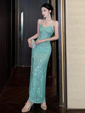 Women's Sexy Green Evening Dresses Slim Backless V-Neck Split Gown Long Dress Fashion Robe Birthday Party Vestidos Spring Autumn