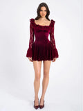 Lace Flare Long Sleeve Sexy Mini Dress For Women Elegant Burgundy Lace-up Square Collar Backless Club Party Dress