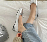 Silvery Slip On Women Mary Jane Shoes Fashion Shallow Butterfly-knot Ladies Comfort Dress Ballet Flats Footwear