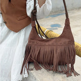 Vintage Brown Womens Shoulder Bag Tassel Y2k Fashion Bohemian Style Crossbody Bag Designer Solid Color New Female Handbag