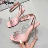 Rhinestone Butterfly-knot Transparent Square Toe Women Sandals Summer Fashion Cross-tied  High Heels Shoes