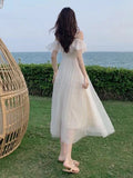 Sexy Elegant Dress Women Mesh Lace Patchwork Fairy Dresses Sweet Fashion  Summer Beachwaer Off The Shoulder Robe