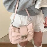 Pink Bow Womens Shoulder Bag Korean Fashion College Style Elegant Handbag Square Pleated Sweet Casual Leather Armpit Bag