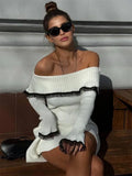 Knit Off-Shoulder Sweater Mini Dress Women's Lace Patchwork Ribbed Slim Backless Elegant Party Dress Knitwear Mini Dress