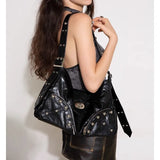 Vintage Rivet Coffee Shoulder Bags Women Y2k Grunge Large Capacity Tote Bag Female Moto Biker Messenger Bag Handbag Chic