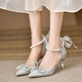 Bridal Wedding Shoes Women Pumps Crystal Bowknot Satin Sandals Summer Transparent Shoes High Heels Party Prom Shoes