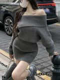 Y2K Autumn Solid Knitted Dresses for Women Off Shoulder Slash Neck Casual Vestidos Mujer Korean Femme Chic Fashion Mini Dress
