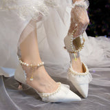 Luxury Silk White Wedding Shoes for Women Summer Pearl Ankle Straps High Heels Pumps Woman Pointed Toe Heeled Dress Shoes