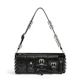 Vintag Black Underarm Shoulder Bag Punk Stylish Pu Leather Clutch Handbag Retro Rock Unisex Cuboid Purse