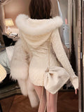 Winter Knitted Sweater Dress with Hooded Women Slim Bodycon Y2k Mini Dress Faux Fur Female One Piece Dress Korean Elegant