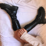 Rimocy New Fashion Chunky Platform Boots Women Autumn Winter PU Leather Knee High Boots Woman Punk Thick Bottom Long Botas