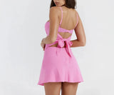 Summer 2 Pieces Dress Set Women  Pink Lace Backless Top and High Waist Skirt Set Sexy High Quality Women Clothing