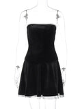 Strapless Lace Up Black Mini Dress Women Off Shoulder Sleeveless Sexy Splice Female Summer Evening Dress Elegant Outfits