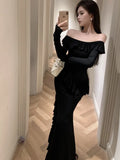 Elegant Black Maxi Dress Women Off Shoulder Long Sleeve High Split Waist Slimming Autumn Evening Party Sexy Vestidos Robe Mujer