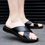 Fashion Men Real Leather Slippers Summer New Black White/red/yellow Cross Over Slippers Men's Leisure Comfort Flat Sandals
