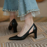 Office Ladies Summer Footwear High Heels Pumps on Heeled Square Toe Shoes for Women Normal Leather Casual Slip A Vacation