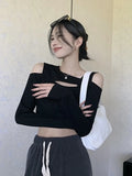 Off Shoulder Crop T-shirt Women Y2k Fashion Hollow Out Long Sleeve TShirts Autumn Korean Streetwear Sexy  Slim-fit Tops