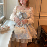 Lolita Princess Dress Women Party Y2k Bandage Blue Cosplay Costumes Japanese Puff Sleeve Ribbon Square Neck Bowknot Mini Dress