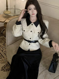 Elegant Two Piece Skirt Set For Women Office Lady Vintage Outfits Fashion Long Sleeve With Belt Jacket Black Velvet Midi Skirts