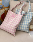 Korean Plaid Embroidered Letter Bow Sweet One Shoulder Bag Causal Versatile Student Tote Bags