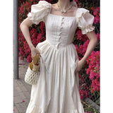 Elegant Square Collar White Dress Summer Fashion Puff Sleeve Ruffle Dress for Women Chic Vintage Maxi Dresses New