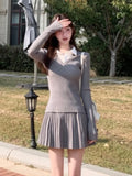 Y2K Sweet Knitted Skirts Suit Preppy Style Long Sleeve Pullover Top + Pleated A-Line Mini Skirt Womens Two Pieces Set New Outfit