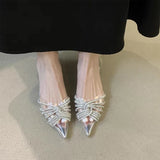 Fashionable Baotou Sandals Summer New Pointe Shallow Mouth Rhinobason Transparent Belt Slip-on Mid-heel Women's Shoes